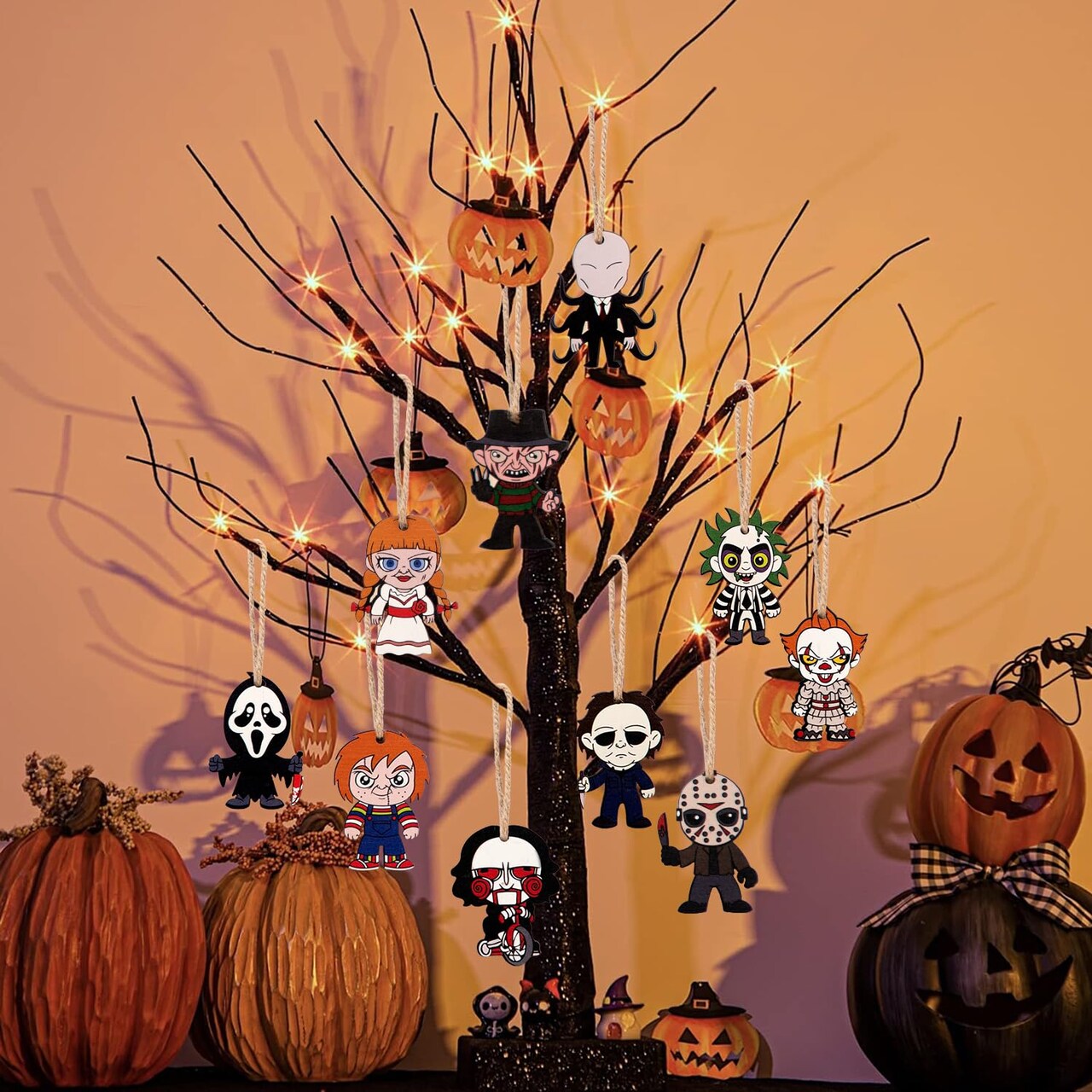 10 Pieces Halloween Ornaments for Tree - Wooden Hanging Horror Movie Characters for Halloween Trees - Scary Halloween Party Decorations